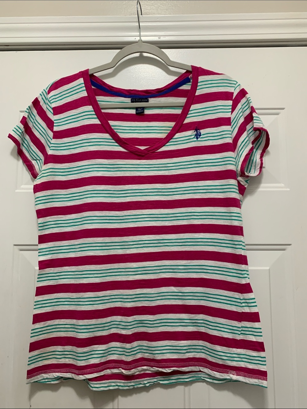 4/$10 U.S. Polo Assn. 100% Cotton Fuchsia, White & Mint Striped V-Neck Tee Sz XL